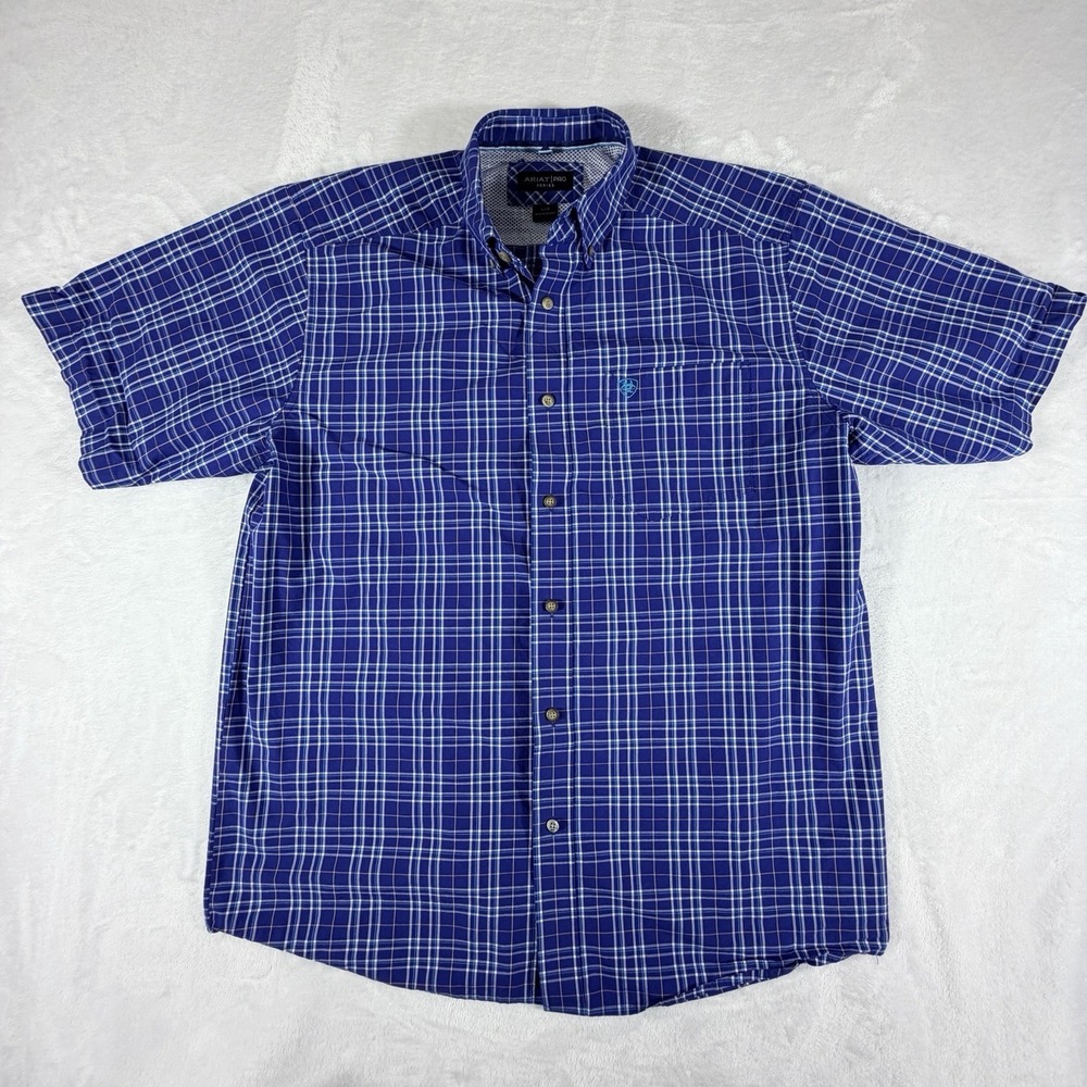 Ariat‎ Shirt Men's Size L Blue Pro Series Plaid Short Sleeve Button Down